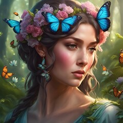 Wall Mural - the woman is wearing blue butterfly crowns in her hair and she has butterflies around her