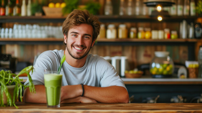 cafe serenity: smiling man delights in green smoothie bliss