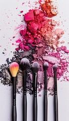 Poster - Colorful eyeshadow and blush spills around black makeup brushes on a white background. Generative AI