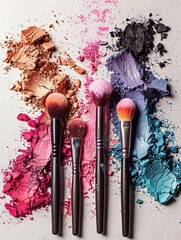Poster - Makeup brushes with vibrant eyeshadow and blush powder on a white surface. Generative AI