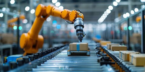 Wall Mural - Automated Factory Robot Arm for Industrial Manufacturing and Warehouse Operations. Concept Industrial Robotics, Factory Automation, Warehouse Operations, Robot Arm Technology