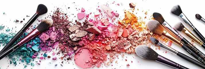 Poster - An artistic arrangement of makeup brushes and eyeshadow on a white background. Generative AI