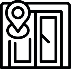 Poster - Black and white vector illustration of a map with a location pin and door, signifying entrance or destination