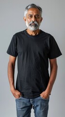 Wall Mural - senior indian man wearing black casual t-shirt. Side view, back and front view mockup template for print t-shirt design mockup