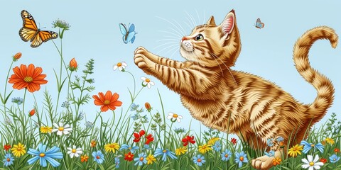 Wall Mural - Playful Orange Tabby Kitten Chasing Butterflies in a Colorful Wildflower Meadow on a Bright Sunny Day Illustration