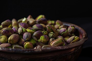 Wall Mural - Pistachio nuts in a bowl on a dark background.