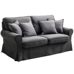 Scandinavian style light gray fabric two-seater sofa with four throw pillows.