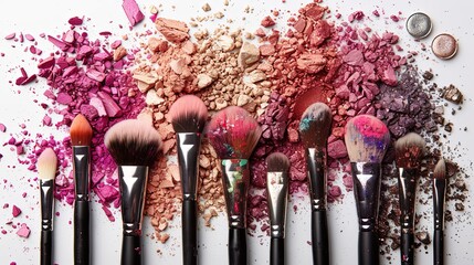 Poster - A close-up image of makeup brushes with colorful eyeshadow and blush powder on a white background. Generative AI