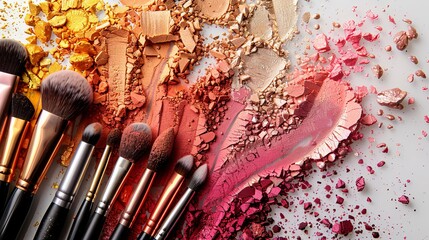 Poster - A close-up shot of various makeup brushes with colorful eyeshadow and blush on a white background. Generative AI