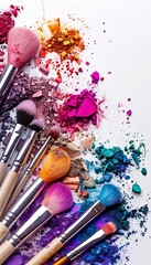 Poster - Colorful makeup brushes with crushed eyeshadow and blush on a white background. Generative AI