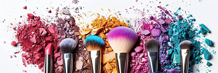 Poster - A collection of makeup brushes arranged against a white backdrop, surrounded by broken eyeshadow and blush in vibrant colors. Generative AI