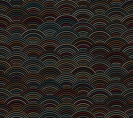 Wall Mural - Traditional Japanese wave design with dotted multicolored lines on a black background. Abstract geometric style. Seamless repeating pattern.