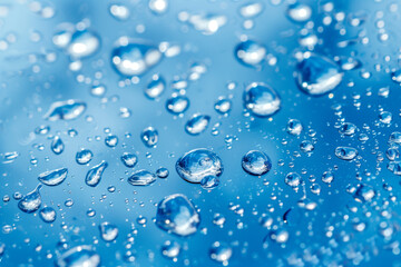 Sticker - Banner water drop with bubbles on a blue background. Macro. High quality illustration


