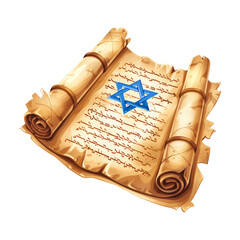 Wall Mural - Old torah scroll with Star of David isolated on transparent background. Judaism religious symbol. Bible exodus torah. Happy Passover celebration, Yom Kippur, Purim