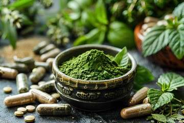 Wall Mural - A bowl filled with green powder sitting on top of a table