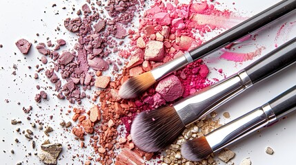 Poster - A close-up image of makeup brushes covered in various shades of eyeshadow and blush on a white background. Generative AI