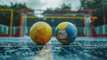 Wall Mural - Two soccer balls are on the ground