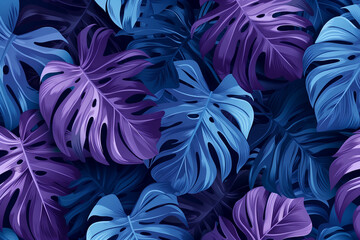 Wall Mural - Seamless pattern with blue and purple monstera leaves.


