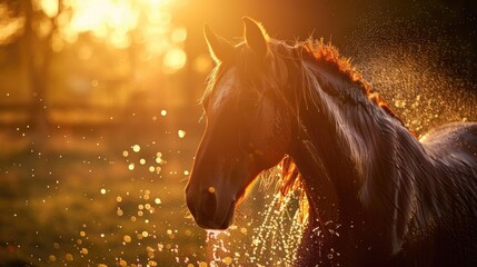 Wall Mural - Horse receiving a bath with water spraying on its face at sunset