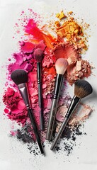 Poster - Four makeup brushes, covered in vibrant eyeshadow and blush, lay on a white surface. Generative AI