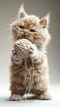 Digital illustration of a Persian cat playing with a yarn ball, the fluffy fur and playful face highly detailed, white background with copy space, CG 3D rendering