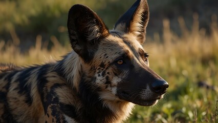 Wall Mural - African wild dog in savannah