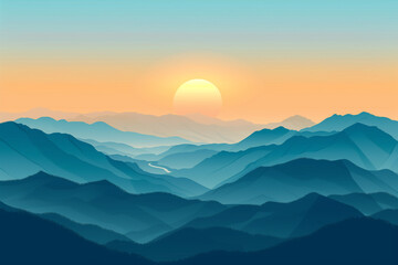 Wall Mural - Sunset over mountains with blue sky, nature background - vector illustration


