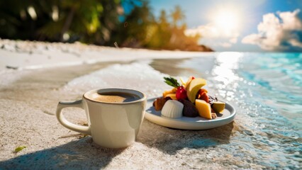 Poster - A cup of coffee and a plate with fruit on the beach, AI