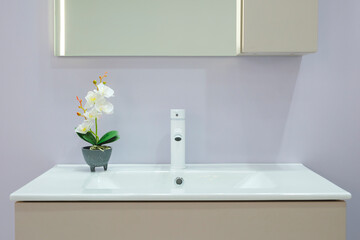 Poster - A white sink with a flower in a vase on top of it