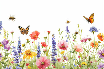 Wall Mural - Watercolor wild flower field seamless border, on white background. Hand drawn botanical natural illustration. Summer meadow painting with bees and flying butterflies


