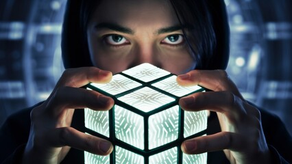 Poster - A woman holding a cube with glowing lights in it, AI