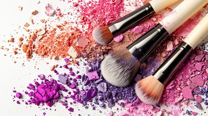 Poster - Vibrant makeup brushes covered in colorful eyeshadow and blush on a white background. Generative AI