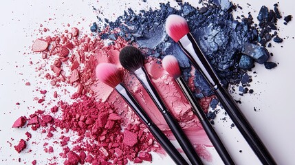 Poster - A close-up of makeup brushes covered in colorful eyeshadow and blush on a white background. Generative AI