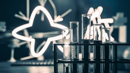 Poster - A black and white photo of a laboratory with test tubes, AI