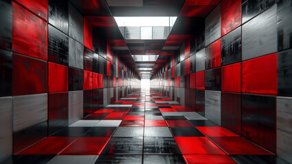 Metallic silver and crimson squares form an elegant tunnel