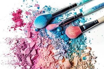 Poster - Close-up of makeup brushes covered in vibrant eyeshadow and blush, arranged artistically on a white background. Generative AI