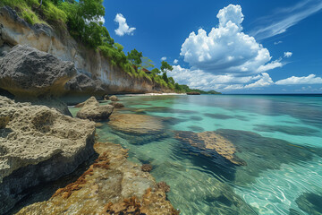 Wall Mural - Beautiful Natural Scenery Of Tropical Beaches With Stretches Of Coral Rocks, Tanjung Kalian, Indonesia


