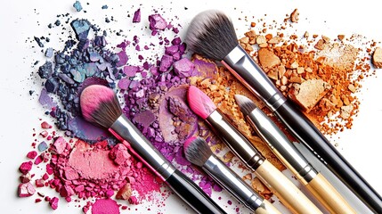 An artistic arrangement of various makeup brushes covered in vibrant eyeshadow and blush on a white background. Generative AI