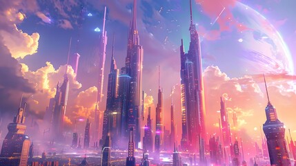 Capture a surreal utopian cityscape from an unexpected eye-level angle, blending dreamlike elements with futuristic architecture in vivid colors