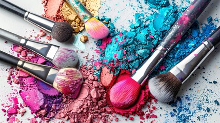 Poster - A close-up view of makeup brushes on a white background covered with colorful eyeshadow and blush. Generative AI