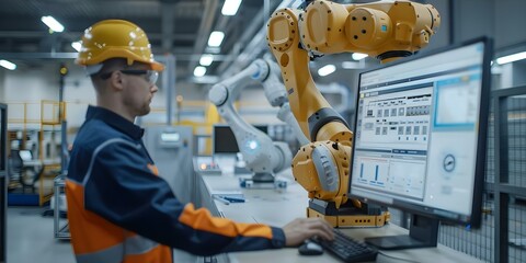 Wall Mural - Engineers monitor robotic arms in smart factory using automation control software. Concept Robotics, Automation, Smart Factory, Engineers, Software Control