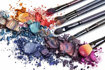 Poster - A group of makeup brushes covered in colorful eyeshadow and blush arranged on a white background. Generative AI
