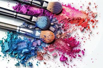 Poster - A close-up shot of various makeup brushes covered in colorful eyeshadow and blush on a white background. Generative AI
