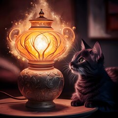 Ceramic lamp emitting a warm, golden-yellow glow to a cute cat