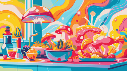 Vibrant Psychedelic Kitchen with Colorful Mushrooms and Modern Appliances