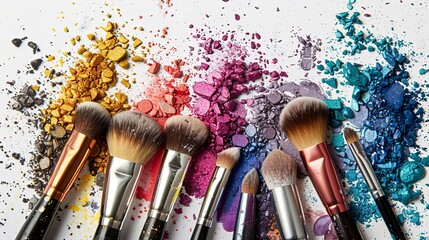 Poster - A close-up view of colorful eyeshadow and blush scattered around a collection of makeup brushes on a white background. Generative AI