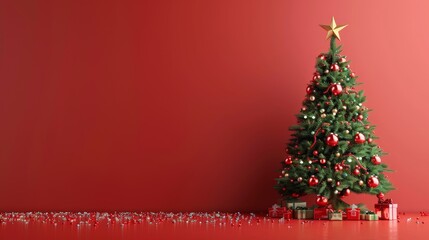 Wall Mural - 3d christmas tree on sage red background, copy space 