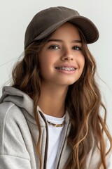 A stylish teenage girl with braces smiles brightly, exuding happiness and dental health.