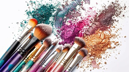 Poster - Close-up shot of various makeup brushes covered in colorful eyeshadow and blush on a white background. Generative AI