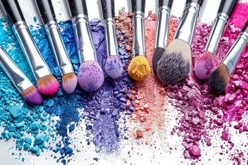 Poster - Close-up image of makeup brushes coated in vibrant colors of eyeshadow on a white background. Generative AI